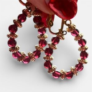 Vintage Ruby Red Rhinestone Hoop Earrings with Gold Tone Accent Details